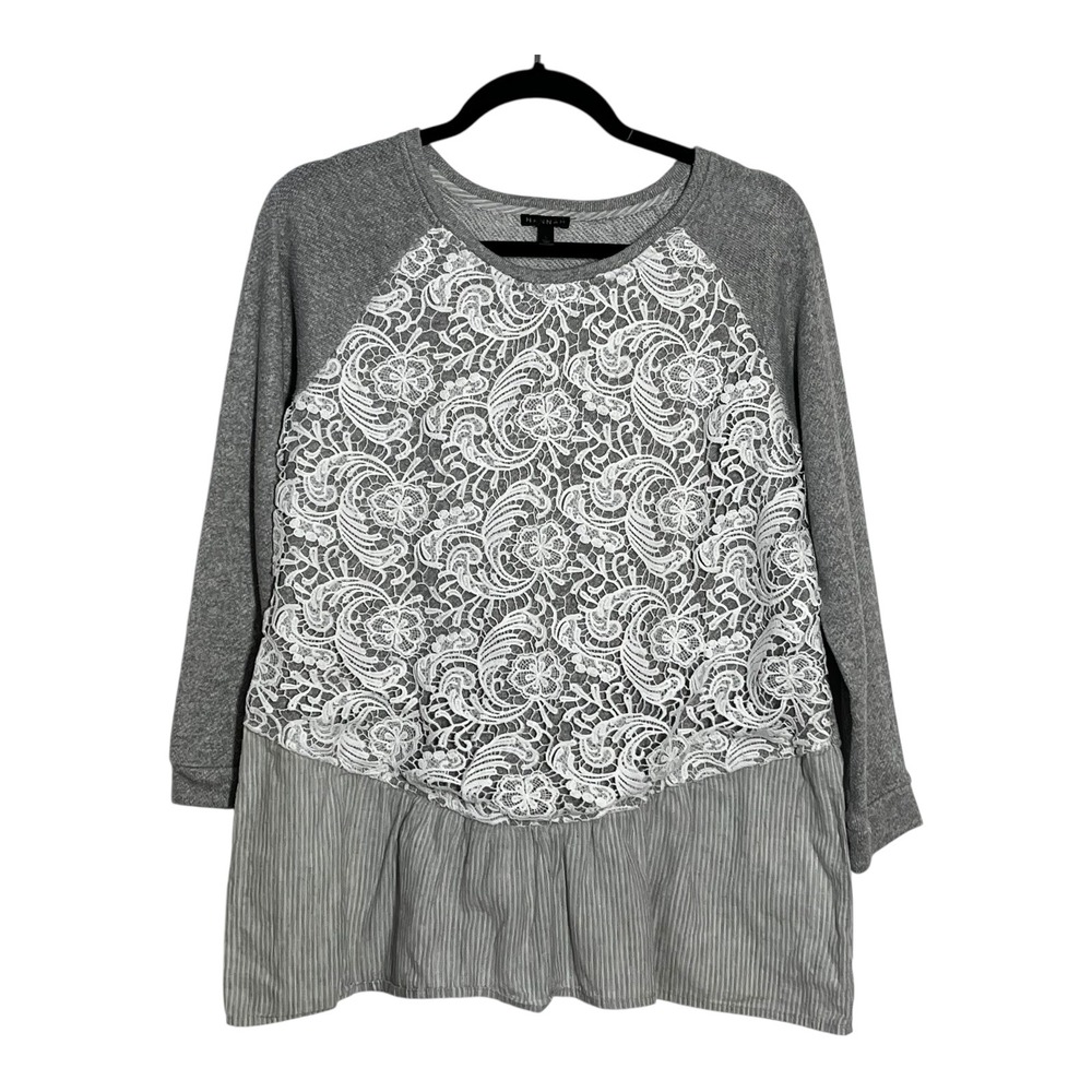 Hannah Womens Grey‎ Mixed Media Lace Front Pinstripe Peplum Sweatshirt Large